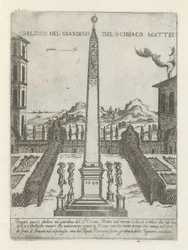 Obelisk in de tuin af Ciriaco Mattei Obelisk i S ciriaco Matteis have (titel på objektet) Moderne og antikke monumenter og byggerier i Rom (serietitel) Ornamenter af gamle og moderne bygninger i Alma-byen Rom (serietitel)