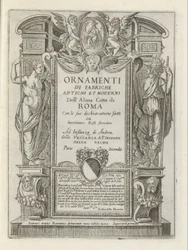 Titeltryk med allegoriske figurer og putti Moderne og antikke monumenter og bygninger i Rom (serietitel) Ornamenti di fabriche antichi et moderni dell