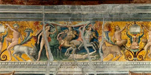 Apollo dræber med pile Niobides, søn af Niobe Detalje af en frise tilskrevet Giovanni Maria Falconetto (1468-1534) 1520 omkring Mantua, Palazzo d