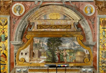 Stjernetegn: "" Balancen""" På toppen medaljoner med portrætter af kejserne Hadrian og Antonin den fromme. Den originale fresco er blevet forringet. Scene, der forestiller guddom Bacchus. Fresko tilskrevet Giovanni Maria Falconetto (1468-1534) 1520 ca.