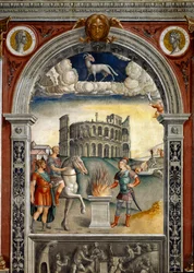 Stjernetegn: "" The belier""" På toppen medaljoner med portrætter af Jules Cesar og Augustus. Nedenfor, legende forbundet med fødslen af stjernebilledet svarende til tegnet: Caius Mucius Scaevola, indført i fjendens lejr af etruskisk ki