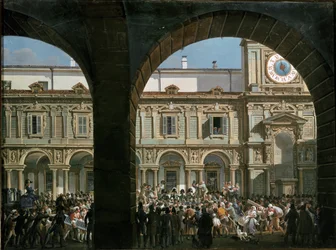 Domenico Pino taler til publikum på Mercanti-pladsen i Milano, den 21. april 1814 (maleri