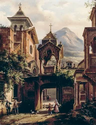 Ydre af gammelt kloster med personer, af Giovanni Migliara (1785-1837) (signeret Teodolinda Migliara), olie på bord
