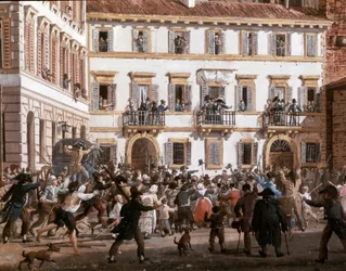 General Domenico Pino (1760-1826) harangue-oprør på Teatro dei Filodrammatici-pladsen i Milano den 20/04/1811 Maleri af Giovanni Migliara (1785-1837) Milano, Milanos museum