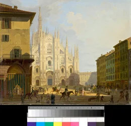 Udsigt over Piazza Duomo i Milano, Italien (Katedralpladsen i Milano) Maleri af Giovanni Migliara (1785-1837) 1828 Privat samling