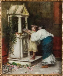 Mor og datter foran et lille tempel (olie på lærred)