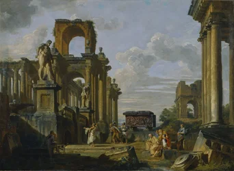 Arkitektonisk capriccio af Forum Romanum med filosoffer og soldater blandt antikke ruiner