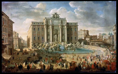 Trevi-fontænen i Rom. Pave Benedikt XIV besøger Trevi-fontænen i Rom, 18. århundrede