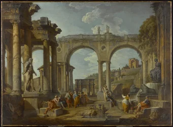 En Capriccio af romerske ruiner med Konstantins bue, ca. 1755