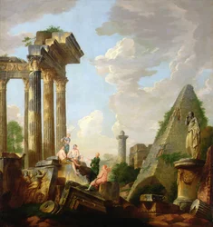 En arkitektonisk capriccio med en prædikende apostel før ruiner (olie på lærred)