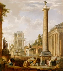 Capriccio af romerske ruiner med Trajans søjle (olie på lærred)