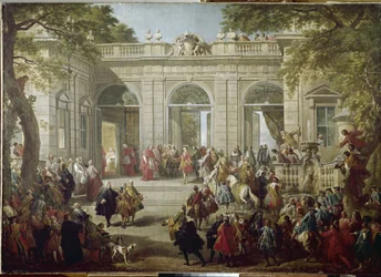 Karl III af Spanien, eller Karl af Bourbon, konge af Napoli (Carlo Borbone) (1716-1788), besøger pave Benedikt XIV i kaffehuset i Quirinalpaladset (Quirinal). Maleri (1691-1765), 1746. Napoli, Museo Nazionale di Capodimonte
