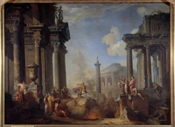 Marcus Curtius kaster sig ud i afgrunden Den tapre romerske borger Marcus Curtius ofrede sig selv til de romerske guder ved at kaste sig ind i et forum i 362 f.Kr. Maleri af Giovanni Paolo Pannini (Panini) (1691-1765) 1700-tallet søn. 0,99 x 1,34 m