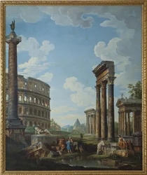 En Capriccio med figurer i romerske ruiner, inklusive Konstantinbuen og Pantheon, Colosseum og Trajans søjle (Trajans søjle eller Colonna Traiana) - Maleri af Giovanni Paolo Panini (Pannini) (1691-1765), olie på lærred, 210.8 x1