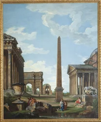 En capriccio med romerske ruiner og en scene fra Belisaires liv - Maleri af Giovanni Paolo Panini (Pannini) (1691-1765), olie på lærred, 210,8x173 cm - (En capriccio med romerske ruiner og en scene fra Belisarius liv , Olie på lærred af Gio