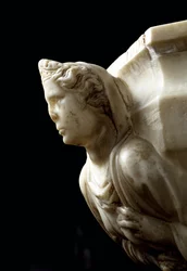 Benitier ved søjlen dekorerer de tre teologiske dyder og a la vat decoree af busterne af de fire kardinaldyder - detalje (Marmor stoup med søjle med de tre teologiske dyder og vandfont med de fire kardinaldyder) Skulptur af