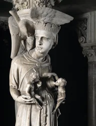 Detalje af de skulpturelle grupper, der støtter stolen, realiseret af Giovanni Pisano (1248-1314): Kirken nærer sine børn (Detaljer af skulpturerne, der understøtter marmorprædikestolen, kirken fodrer hendes børn) 1302-1311 Cathedrale de Pisa (Duomo di Pis