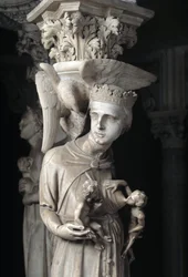 Detalje af de skulpturelle grupper, der støtter stolen, realiseret af Giovanni Pisano (1248-1314): Kirken nærer sine børn (Detalje af skulpturerne, der understøtter marmorprædikestolen, kirken fodrer hendes børn) 1302-1311 Cathedrale de Pisa (Duomo di Pis