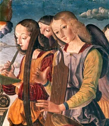 Engle med instrumenter, detaljer fra hellig samtale med Madonna og barn tronet med donor og helgener