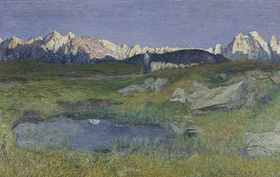 Alpelandskab ved solnedgang