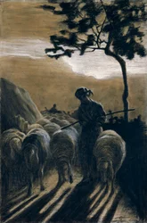 Flock on road af Giovanni Segantini (1858-1899)