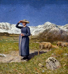 Middag i Alperne. En hyrdinde beskytter sine øjne mod solen. Maleri af Giovanni Segantini (1858-1899), 1891, 7,5 x 71,57 cm, samling O. Fischebacher