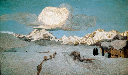 Naturens triptykon eller Engadin: «Døden», maleri af Giovanni Segantini (1858-1899), 1896-1899, sol, 192 x 320 cm, St. Moritz, Musée Segantini