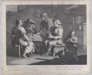 Tre personer sad omkring et bord til venstre, mens en mand medbringer en tom tallerken..., 1760-70.