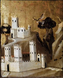 Rinuccini altertavle: Jomfru og barn med hellige - Detalje af predellen, der forestiller en by - tempera på panel