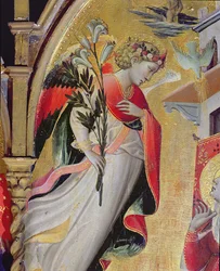 Ærkeenglen Gabriel, detalje fra Bebudelsen med de hellige Laurentius, Benedikt, Johannes Døberen og Nikolaus, 1434