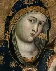 Jomfru og barn, detalje. Jomfru Marias ansigt dækket med et gennemsigtigt stof og en hætte lavet af rødt stof. Detalje af portrættet af Jomfruen og Barnet. Maleri af Giovanni Del Biondo (ca. 1356-1398). Polyptykon. italiensk altertavle. Dimension: 140x
