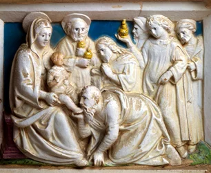 Tilbedelse af Magi, detaljer fra Predella of Last Judgment, af Giovanni Della Robbia (1469-1529), San Girolamo-kirken i Volterra, Toscana