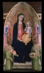 ""Madonna og barn på tronen"" (Jomfruen og barnet på tronen med ledsagende engle) Maleri af Giovanni di Bartolomeo Cristiani (aktivt mellem 1367 og 1398) Pushkin Museum, Moskva