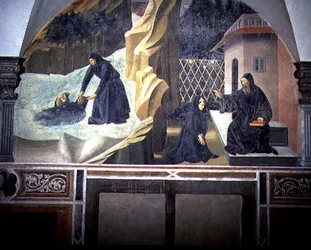 Skt. Benedikte sender Mauro for at redde den druknende Placidus fra søen, detaljer fra freskomaleriet i St. Benedikts liv fra Chiostro degli Aranci (appelsinernes kloster) ca. 1430