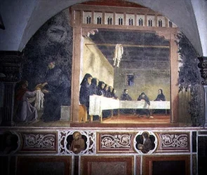 Skt. Benedikte og det forgiftede brød, detaljer fra freskomaleriet i St. Benedikts liv fra Chiostro degli Aranci (appelsinernes kloster) ca. 1430