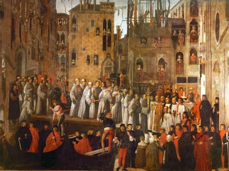Miraklet med relikviet af det hellige kors på Campo San Lio, Venedig (olie på lærred)