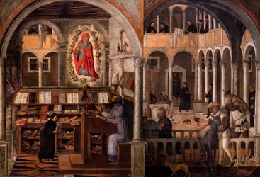 Sankt Hieronymus viser sig for Sankt Augustin, ca. 1505-1510 (olie og tempera på lærred)