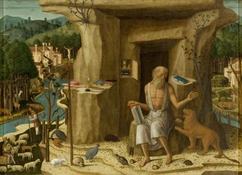 Sankt Hieronymus i et landskab (olie på lærred)