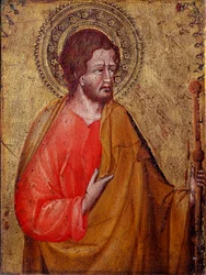 Repræsentation af Sankt Jakob Pelerin Dette er Sankt Jakob Major eller Sankt Jakob, søn af Zebedæus. Maleri af Giovanni di Paolo (1395 / 1400-1482) Assisi fra det 15. århundrede, Museum of the Treasury of the Basilica of San Francesco og Perkins Collection