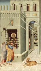Sankt Johannes Døberen i fængslet får besøg af to disciple - Maleri af Giovanni di Paolo (ca. 1403-1482), tempera på træ (68,3x40 cm)