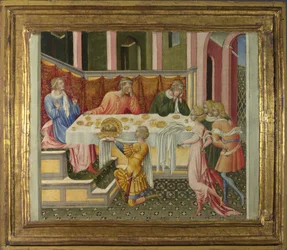 Johannes Døberens hoved bragt til Herodes Predella Panel, 1454