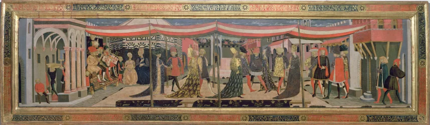 Frontal fra Adimari Cassone, der viser en bryllupsscene foran dåbskapellet, ca. 1450 (tempera på panel) (se også 62295, 123484-6)