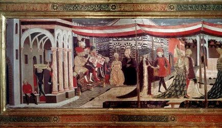 Renæssancebryllupsceremoni Detalje af venstre del af panelet, der dekorerer Cassone Adimari. Bryllupsscene på Piazza del Duomo (Plaza de la Cathedrale Santa Maria del Fiore). Musikere sidder på en scene og spiller trompet, trombone og slaginstrument