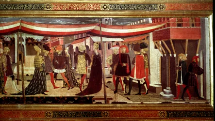 Renæssancebryllupsceremoni Detalje af venstre del af panelet, der dekorerer Cassone Adimari. Bryllupsscene på Piazza del Duomo (Plaza de la Cathedrale Santa Maria del Fiore). Par i kortegen rykker frem under en baldakin. Maleri af Giovanni di Ser G
