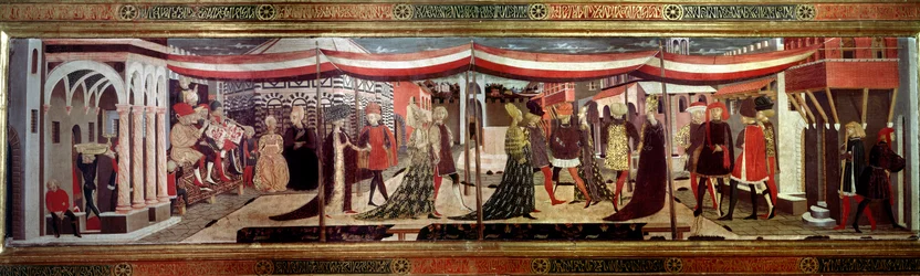 Bryllupsceremoni har renæssancepanelet, der dekorerer Cassone Adimari. Bryllupsscene på katedralpladsen (Plaza de la Cathedrale Santa Maria del Fiore). Par i kortegen rykker frem under en baldakin. Maleri af Giovanni af Ser Giovanni Scheggia (1406-