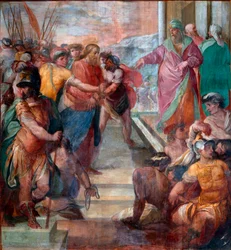 Kristus føres foran Caiphus Detalje af en af freskoerne af Kristi lidenskab lavet af Girolamo Massei (1540-1614) 1594-1600 Rom, Santa Prassede