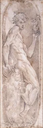 Adam holding an Apple, seated, in a Medallion, c.1547-1553dani