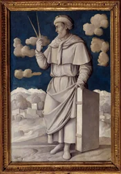 Portræt ved foden af Euklid (325-265 f.Kr.), græsk matematiker Maleri af Girolamo Mocetto (1458-1531) 1531 Paris. Musee Jacquemart Andre - Portræt i fuld længde af Euklid (325-265 f.Kr.), engelsk matematiker. Maleri af Girolamo Mocetto (1458-1531)