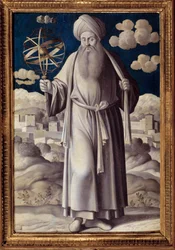 Portræt i foden af Ptolemæus (Claudius Ptolemaeus) (90-168 e.Kr.), græsk astronom Maleri af Girolamo Mocetto (1458-1531) 1531 Paris. Musee Jacquemart Andre - Portræt i fuld længde af Ptolemæus (Claudius Ptolemaeus) (90-168 e.Kr.). græsk astronom. Maler af