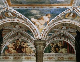 Allegori om foråret med månen i forgrunden, Detalje af fresker af Girolamo Romanino (ca. 1484-efter 1559), bestilt af Bernardo Clesio